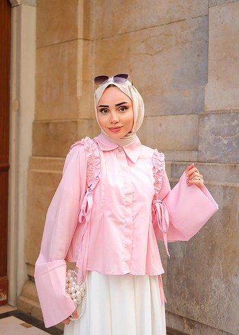 Pembe Uzun Kollu Fırfırlı Kadın Bluz - Görsel 2