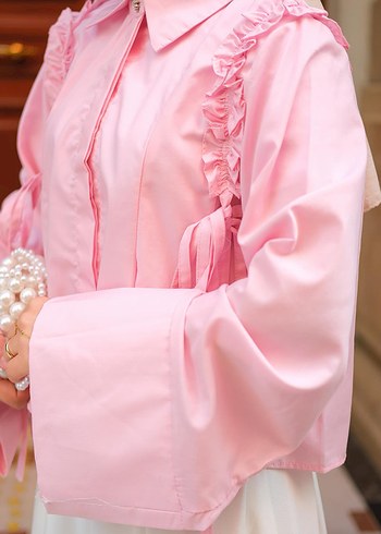 Pembe Uzun Kollu Fırfırlı Kadın Bluz - Görsel 3