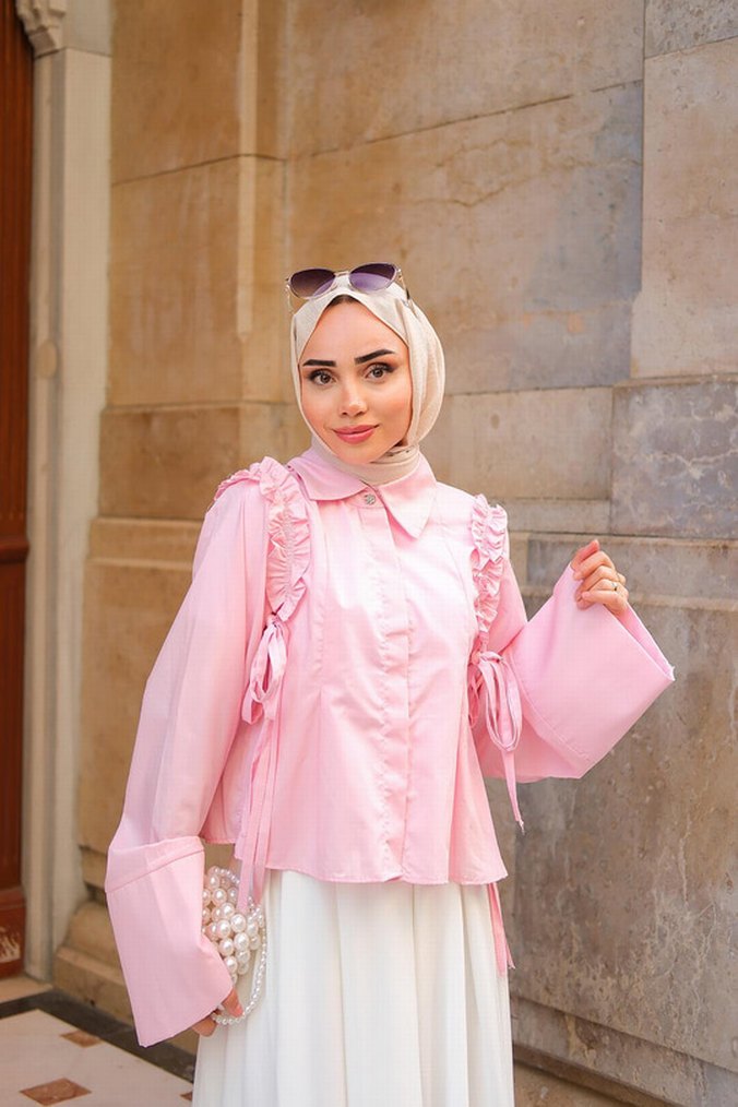 Pembe Uzun Kollu Fırfırlı Kadın Bluz - Görsel 2