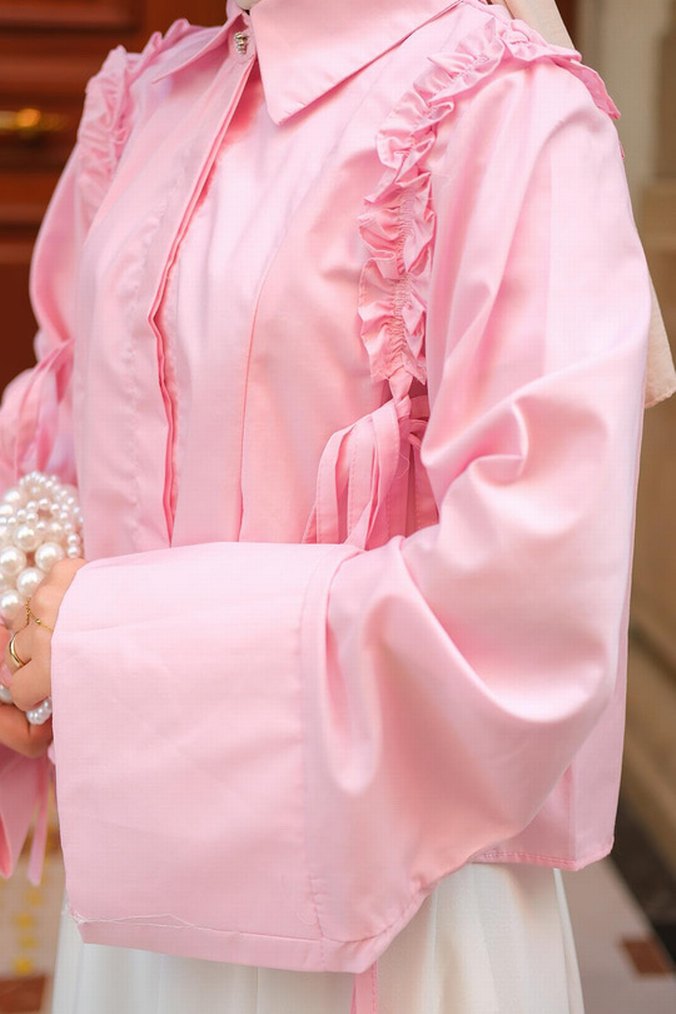 Pembe Uzun Kollu Fırfırlı Kadın Bluz - Görsel 3