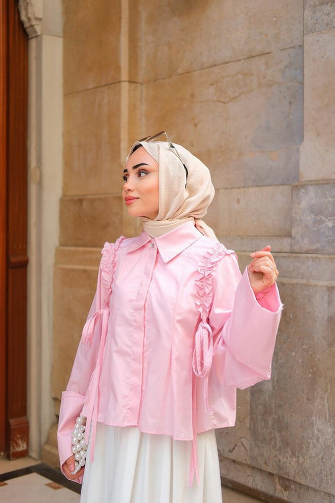 Pembe Uzun Kollu Fırfırlı Kadın Bluz - Görsel 4