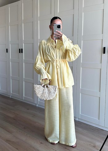 Sarı Bol Kesim Uzun Keten Kadın Takım - Görsel 3