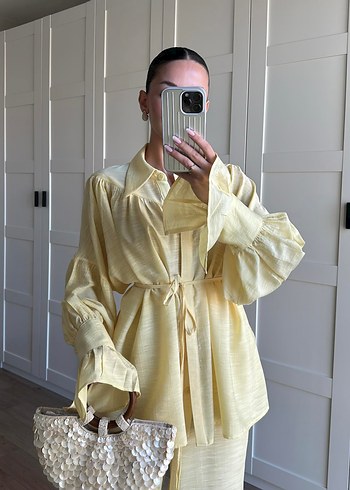 Sarı Bol Kesim Uzun Keten Kadın Takım - Görsel 2