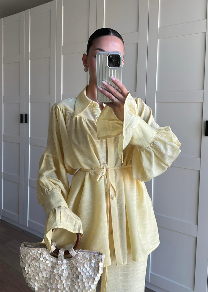 Sarı Bol Kesim Uzun Keten Kadın Takım - Görsel 2