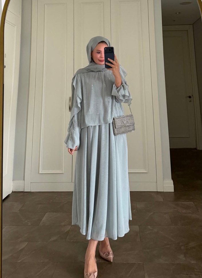 Bej Nakışlı Uzun Bohem Elbise - Görsel 2