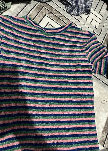 Çizgili Triko Kısa Kollu Kız Tişörtü - Görsel 2