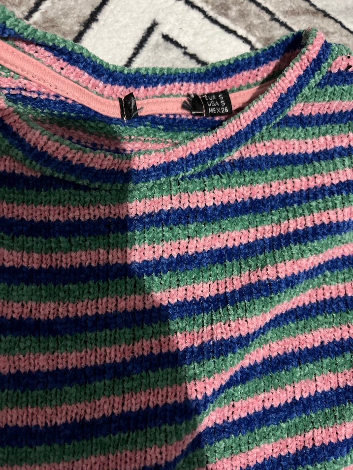 Çizgili Triko Kısa Kollu Kız Tişörtü - Görsel 3