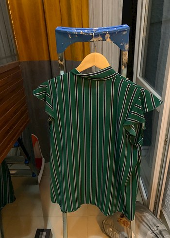 xl Beden yeşil Renk Yeşil Çizgili Kısa Kollu Kadın Gömlek