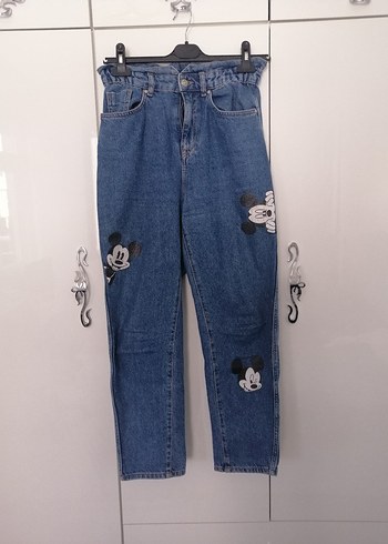 Nakışlı Düğmeli Kadın Mavi Denim Pantolon