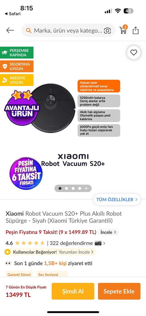 Xiaomi Robot Vacuum S20+ Siyah Akıllı Robot Süpürge - Görsel 3