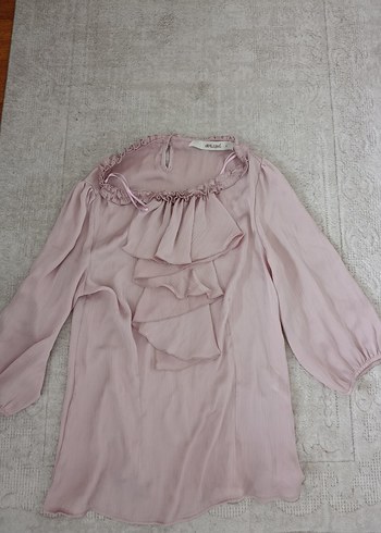 Pembe Keten Fırfırlı Uzun Kollu Bluz