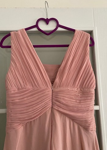 Pembe V Yaka Drapeli Uzun Abiye Elbise - Görsel 5