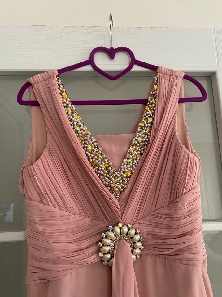 Pembe V Yaka Drapeli Uzun Abiye Elbise - Görsel 4