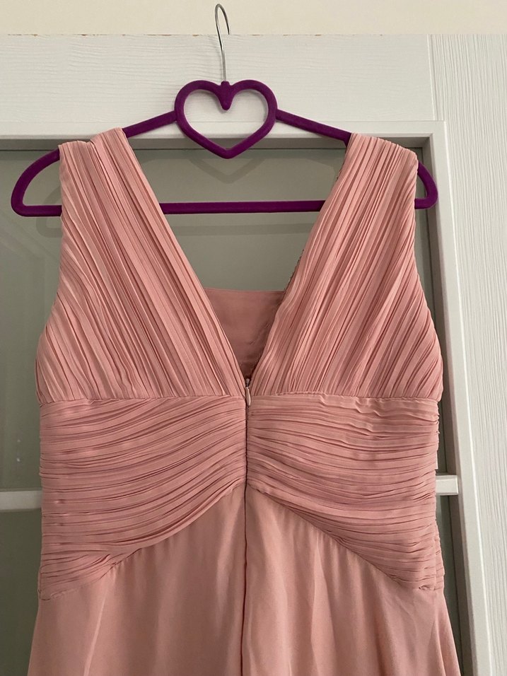 Pembe V Yaka Drapeli Uzun Abiye Elbise - Görsel 5
