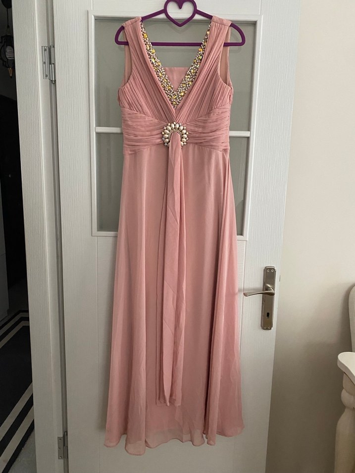 Pembe V Yaka Drapeli Uzun Abiye Elbise - Görsel 2