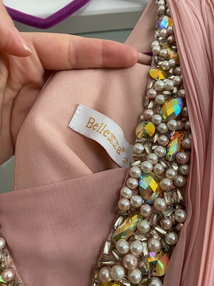 Pembe V Yaka Drapeli Uzun Abiye Elbise - Görsel 3