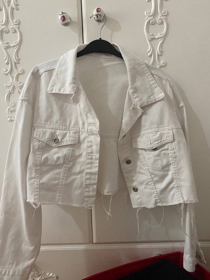 Düğmeli Beyaz Kadın Denim Ceket - Görsel 2