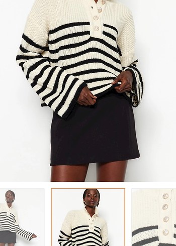 Milla Düğmeli Yaka Çizgili Kadın Triko Kazak - Görsel 3