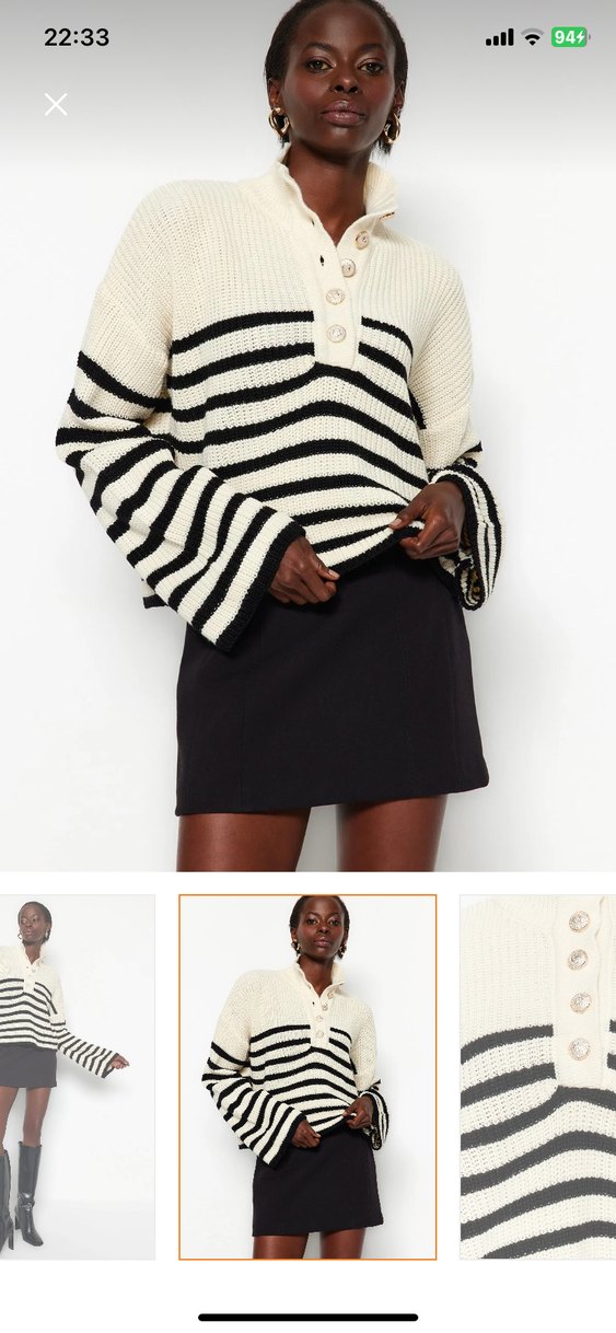 Milla Düğmeli Yaka Çizgili Kadın Triko Kazak - Görsel 3