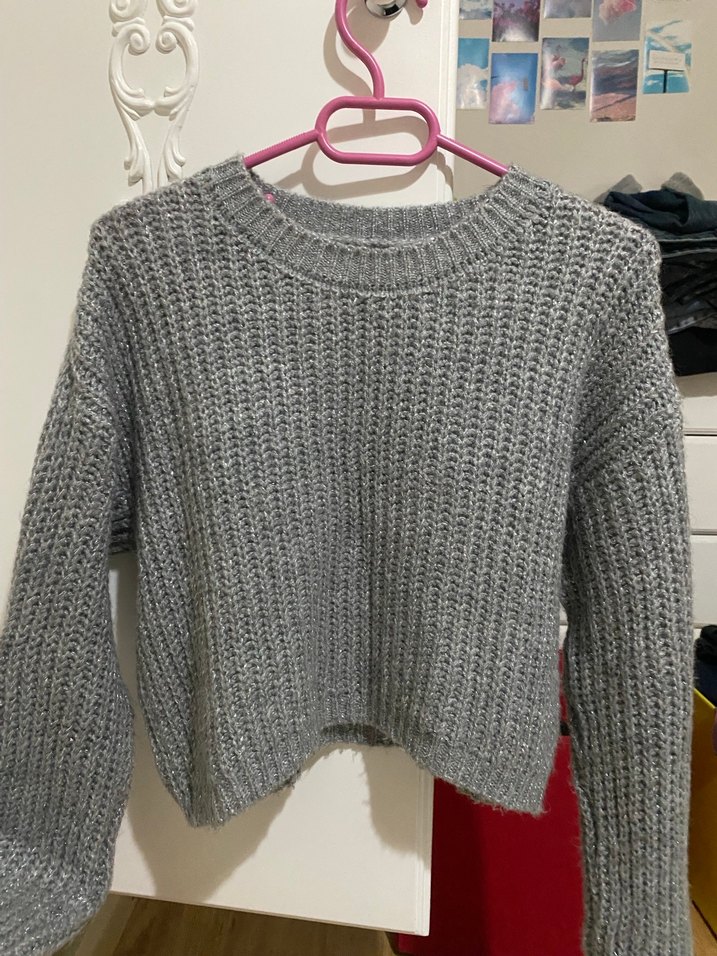 Gri Örgü Kadın Triko Kazak - Görsel 2
