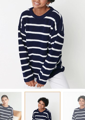 Lacivert Beyaz Çizgili Kadın Triko Kazak - Görsel 2