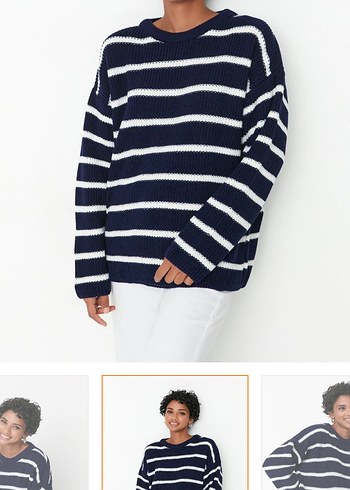 Lacivert Beyaz Çizgili Kadın Triko Kazak - Görsel 3