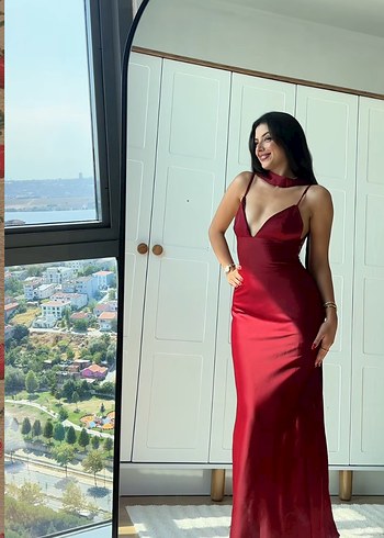 xs Beden Bordo Saten Uzun Abiye Elbise
