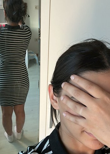 Diğer Çizgili Siyah Gri Polo Yaka Midi Elbise