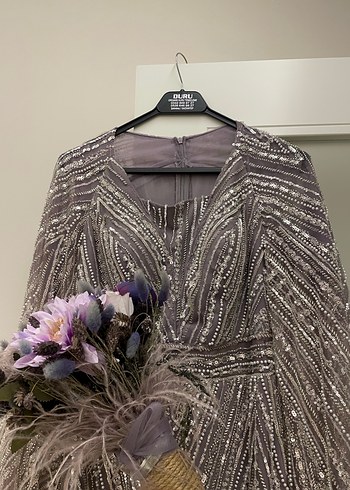 Gri İşlemeli Uzun Abiye Elbise - Görsel 3