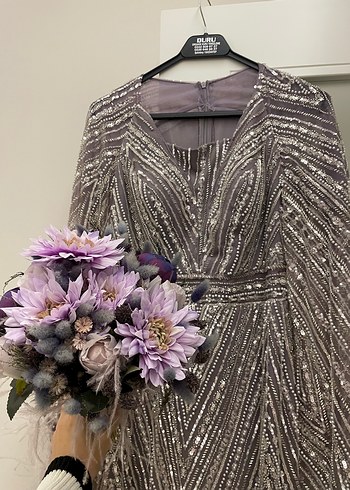 Gri İşlemeli Uzun Abiye Elbise - Görsel 2