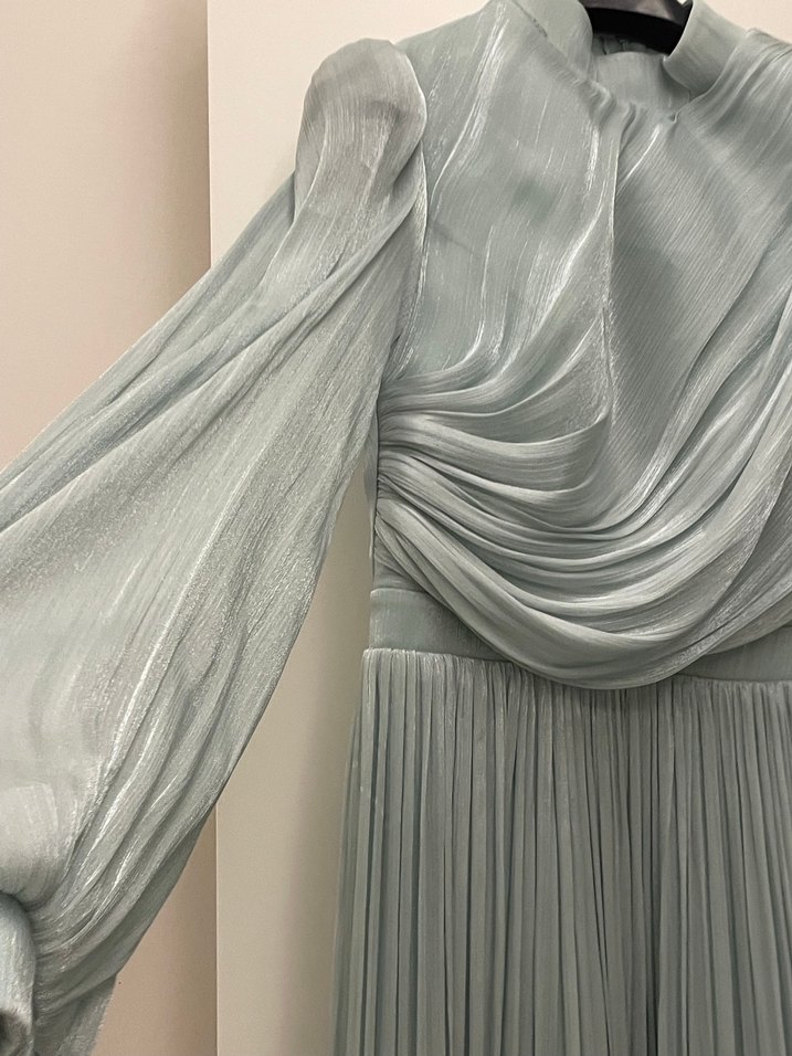 Drapeli Gri Uzun Kadın Abiye Elbise - Görsel 3