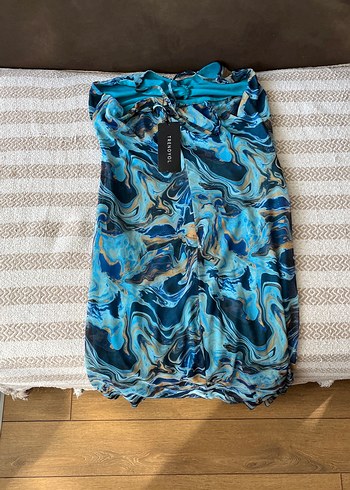 Mavi Bağlamalı Uzun Drapeli Elbise - Görsel 3