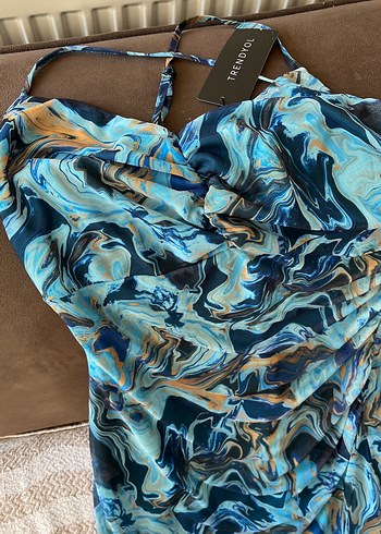 Mavi Bağlamalı Uzun Drapeli Elbise - Görsel 2