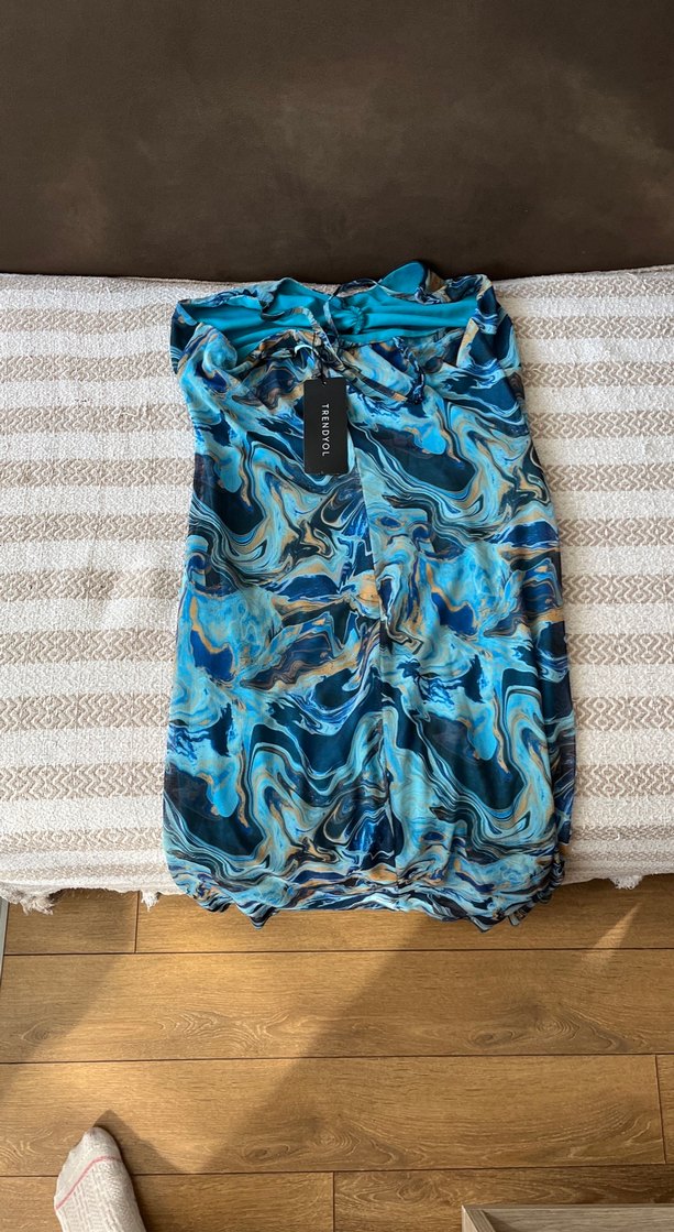 Mavi Bağlamalı Uzun Drapeli Elbise - Görsel 3