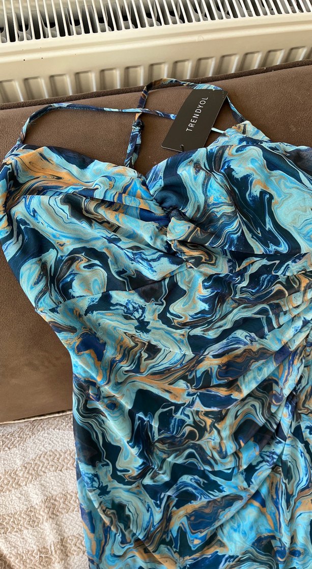 Mavi Bağlamalı Uzun Drapeli Elbise - Görsel 2