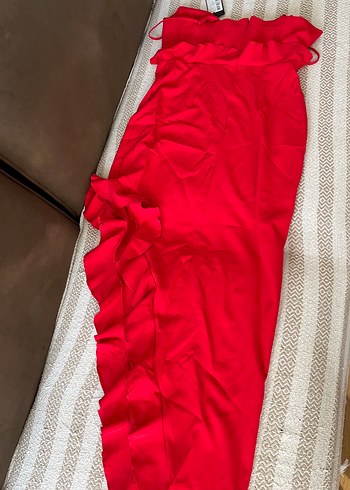 Kadın Kırmızı Drapeli Uzun Abiye Elbise - Görsel 3