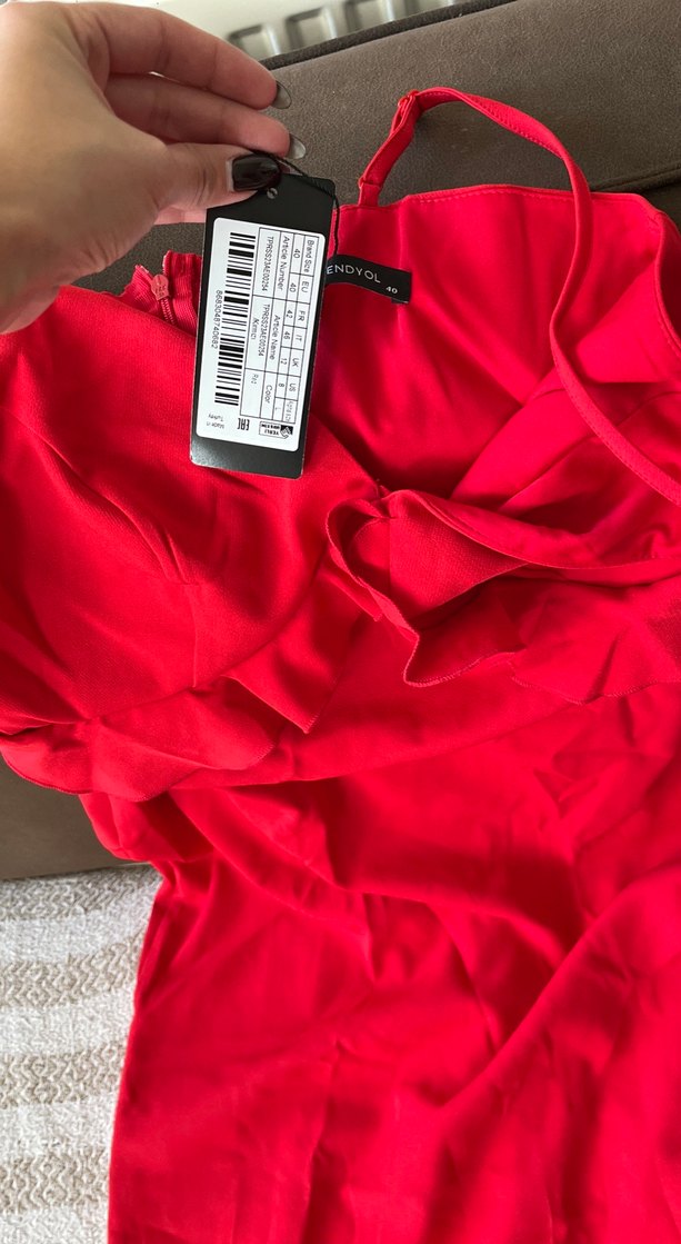 Kadın Kırmızı Drapeli Uzun Abiye Elbise - Görsel 2