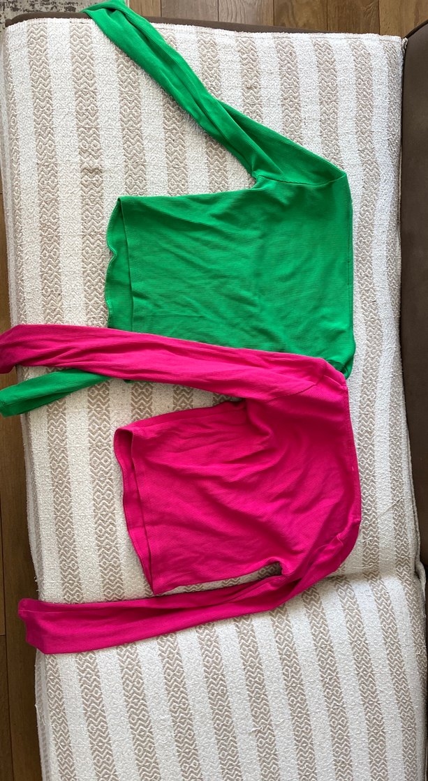 Pembe be yeşil Drapeli Straplez Kazak - Görsel 2