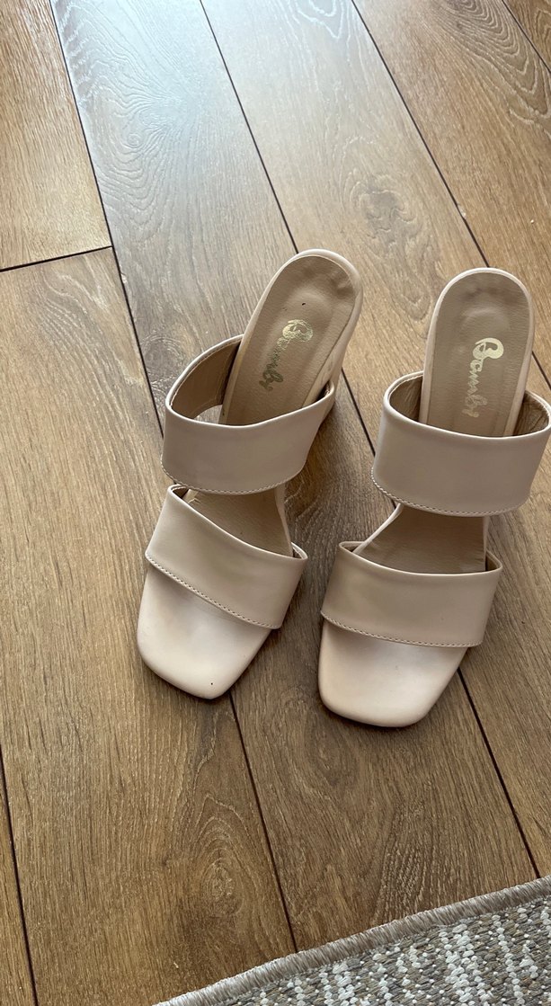 Bej Şeritli Kadın Topuklu Terlik - Görsel 2