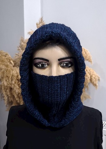 Lacivert Örgü Kapüşonlu Kadın Bere - Görsel 2