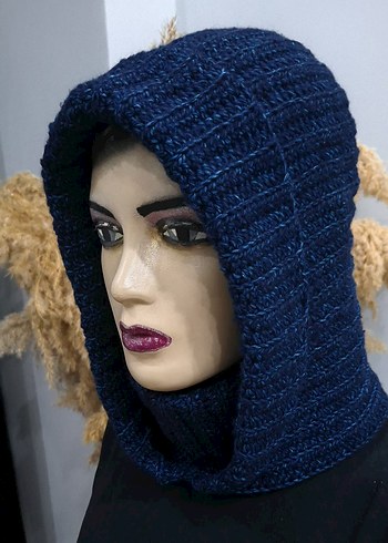 Lacivert Örgü Kapüşonlu Kadın Bere - Görsel 6