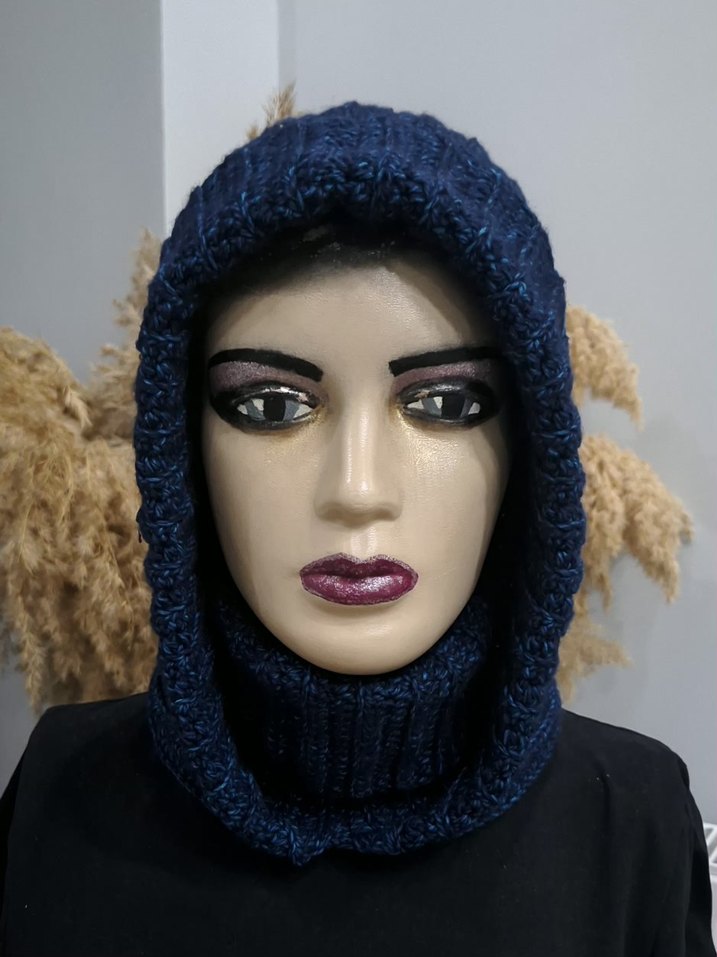 Lacivert Örgü Kapüşonlu Kadın Bere - Görsel 5