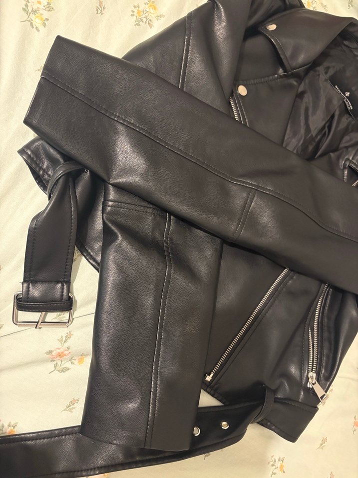 Kadın Siyah Deri Biker Ceket - Görsel 3