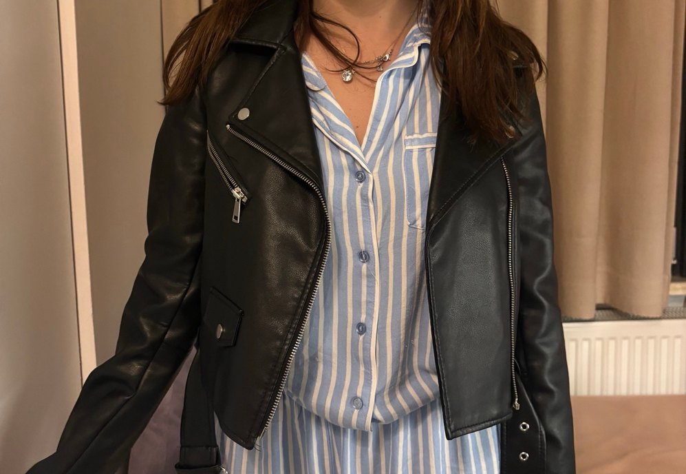 Kadın Siyah Deri Biker Ceket - Görsel 5