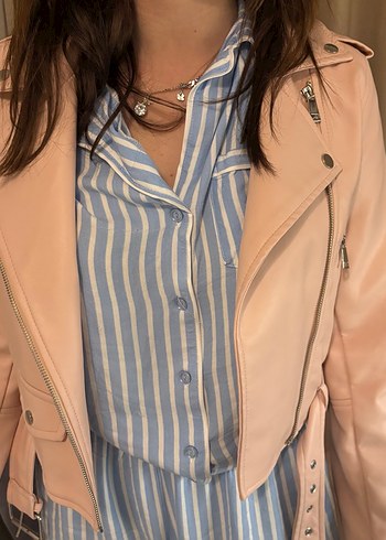 Pembe Kadın Deri Ceket, Kemerli, Baskılı - Görsel 4