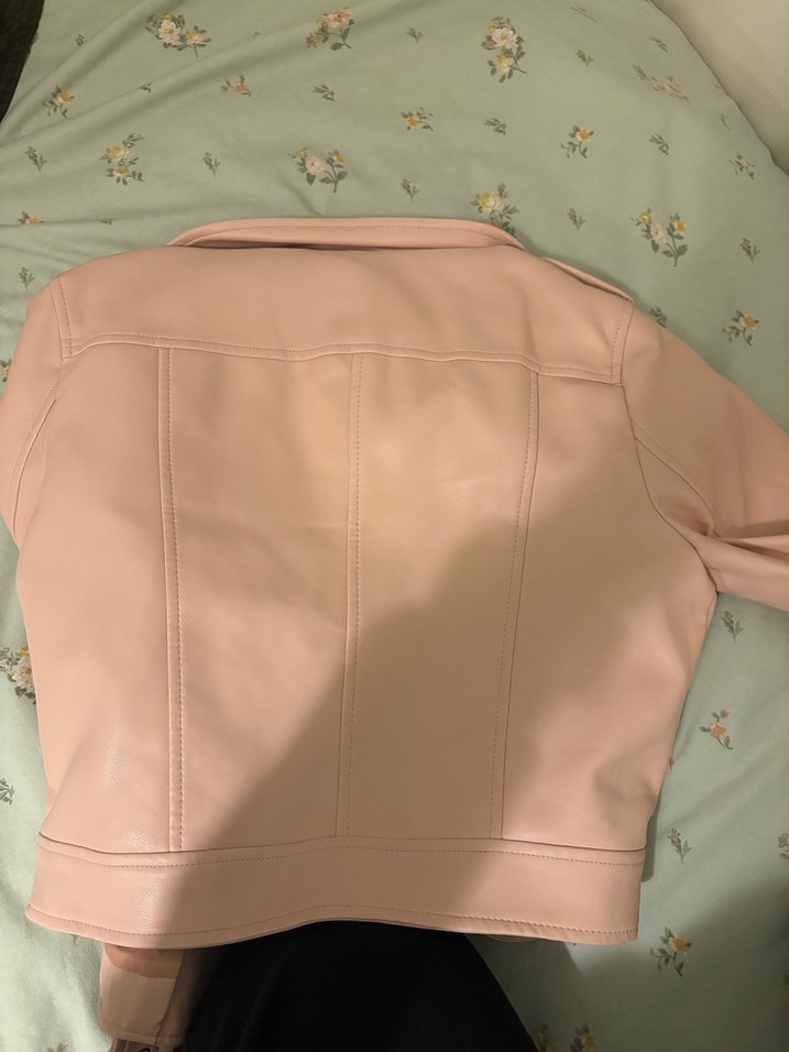 Pembe Kadın Deri Ceket, Kemerli, Baskılı - Görsel 3