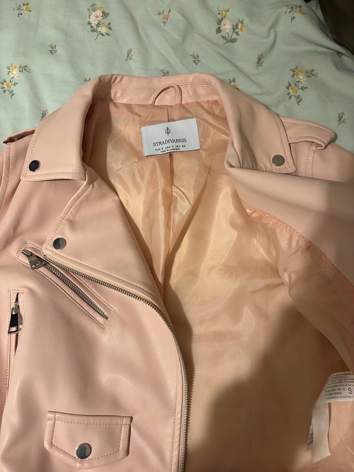 Pembe Kadın Deri Ceket, Kemerli, Baskılı - Görsel 2