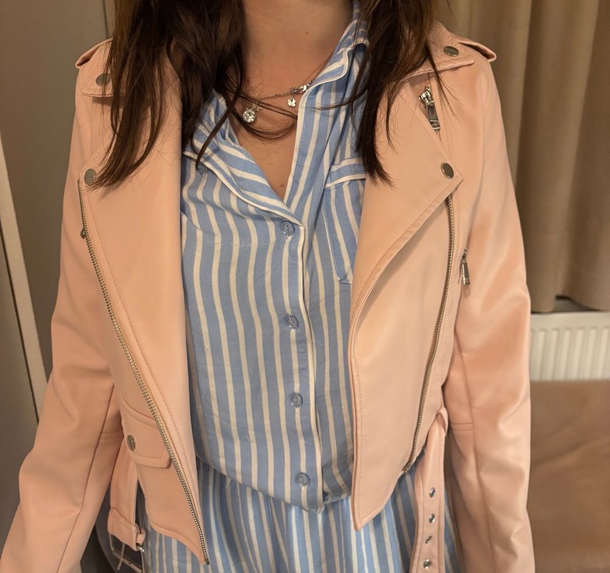 Pembe Kadın Deri Ceket, Kemerli, Baskılı - Görsel 4