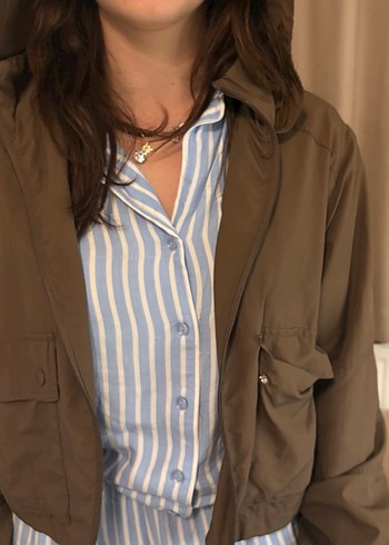 Düğmeli Çizgili Keten yağmurluk - Görsel 4