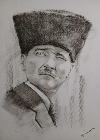 Kömürkalem Kalpaklı Atatürk Portresi - Görsel 4